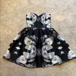 European Strapless, floral, black dress